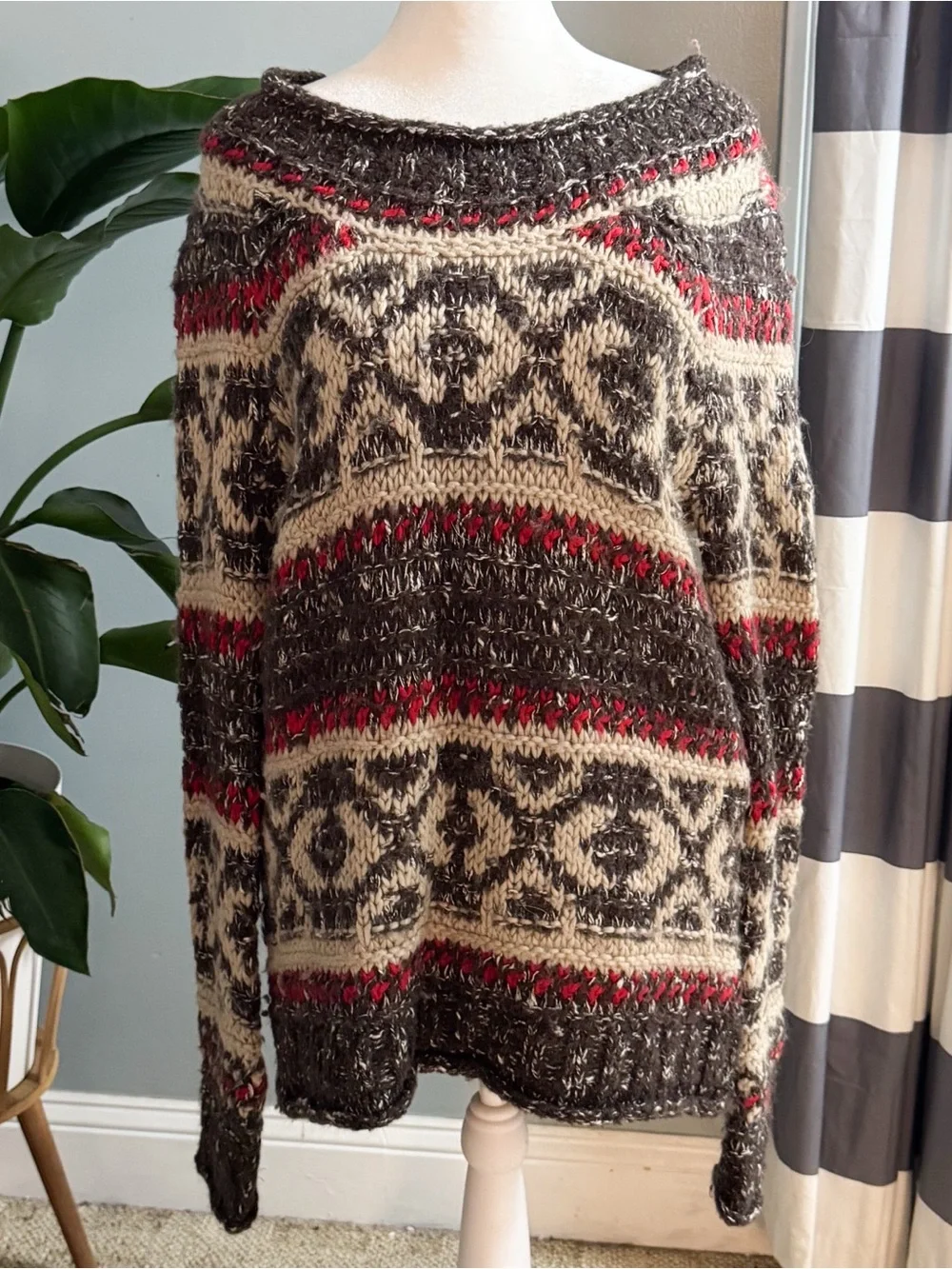 Free People Fair Isle Chunky Knit Sweater Medium Brown Red